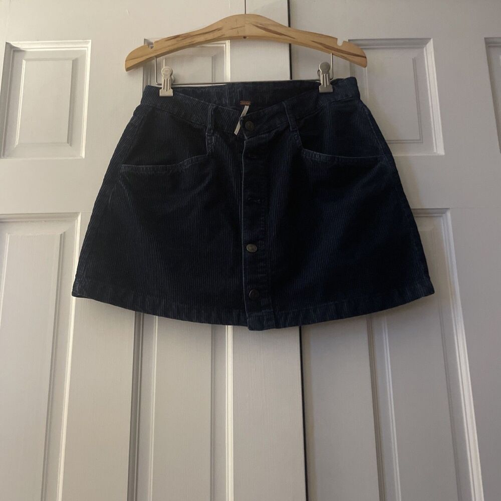 Free People Ray Corduroy Mini Skirt Navy Blue Button Front A-Line‎ Boho